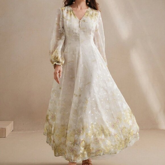 Multicolor Elegant Women's V-Neck Floral Print Sleeve Cottagecore Dress - Picture 5 of 8